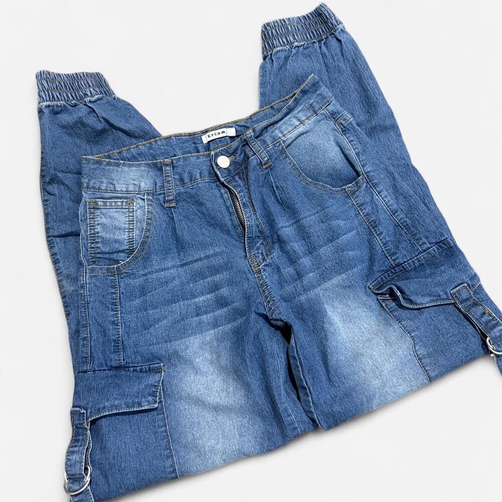 Y2K Kreamy Blue Washed Denim Tapered Mid-Rise Cargo Jeans S - Picture 4 of 6